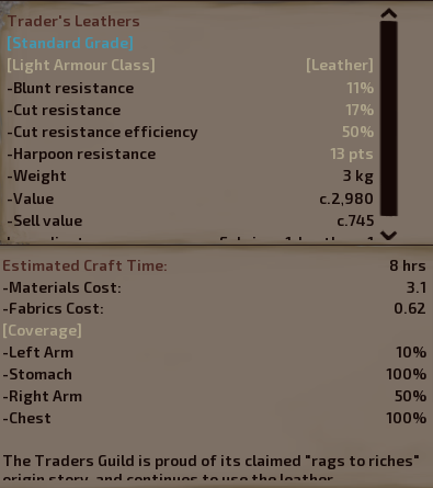 Standard Grade Trader's Leathers Crafting Info